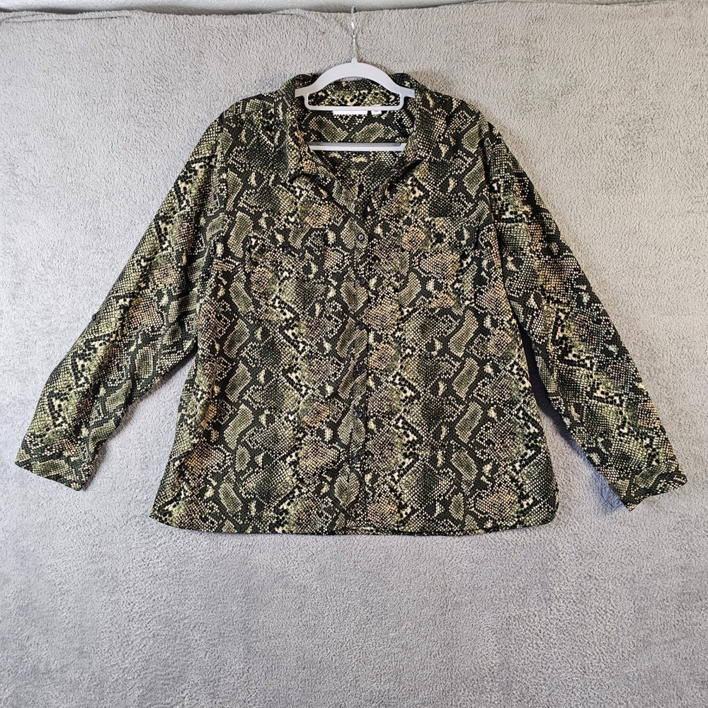 Rebecca‎ Malone XL Green Black Snakeskin Print Button Up Blouse Long Sleeve